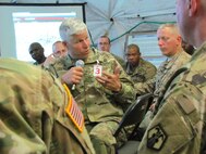 Brig. Gen. Arlan DeBlieck, commanding general of the 7th Mission Support Command and deputy commanding general of the 21st Theater Sustainment Command, speaks to leaders from the 16th Sustainment Brigade during Exercise Anakonda 16 Friday, June 3, 2016 in Torun Training Area, near Toruń, Poland. 
