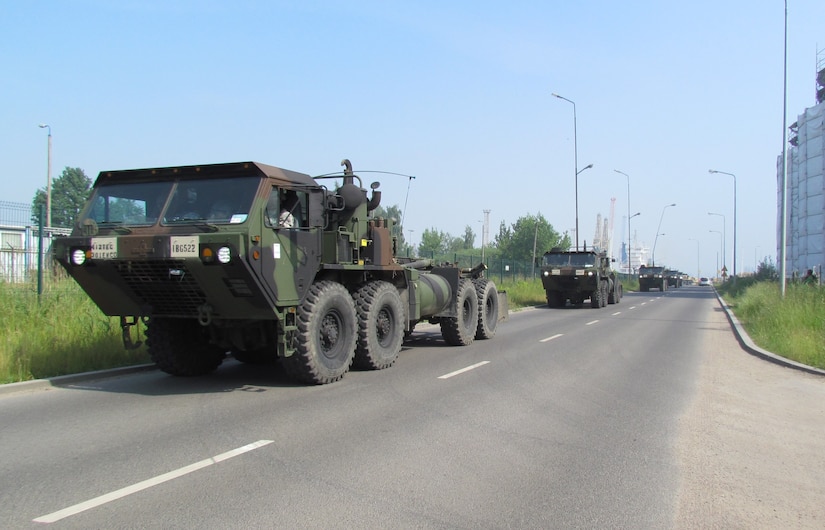 Vehicles from the U.S. Army Reserve 361st Multi Role Bridge Co., 412th Theater Engineer Command, leave the port in Szczecin, Poland Saturday, June 4, 2016 headed for Exercise Anakonda 16. 