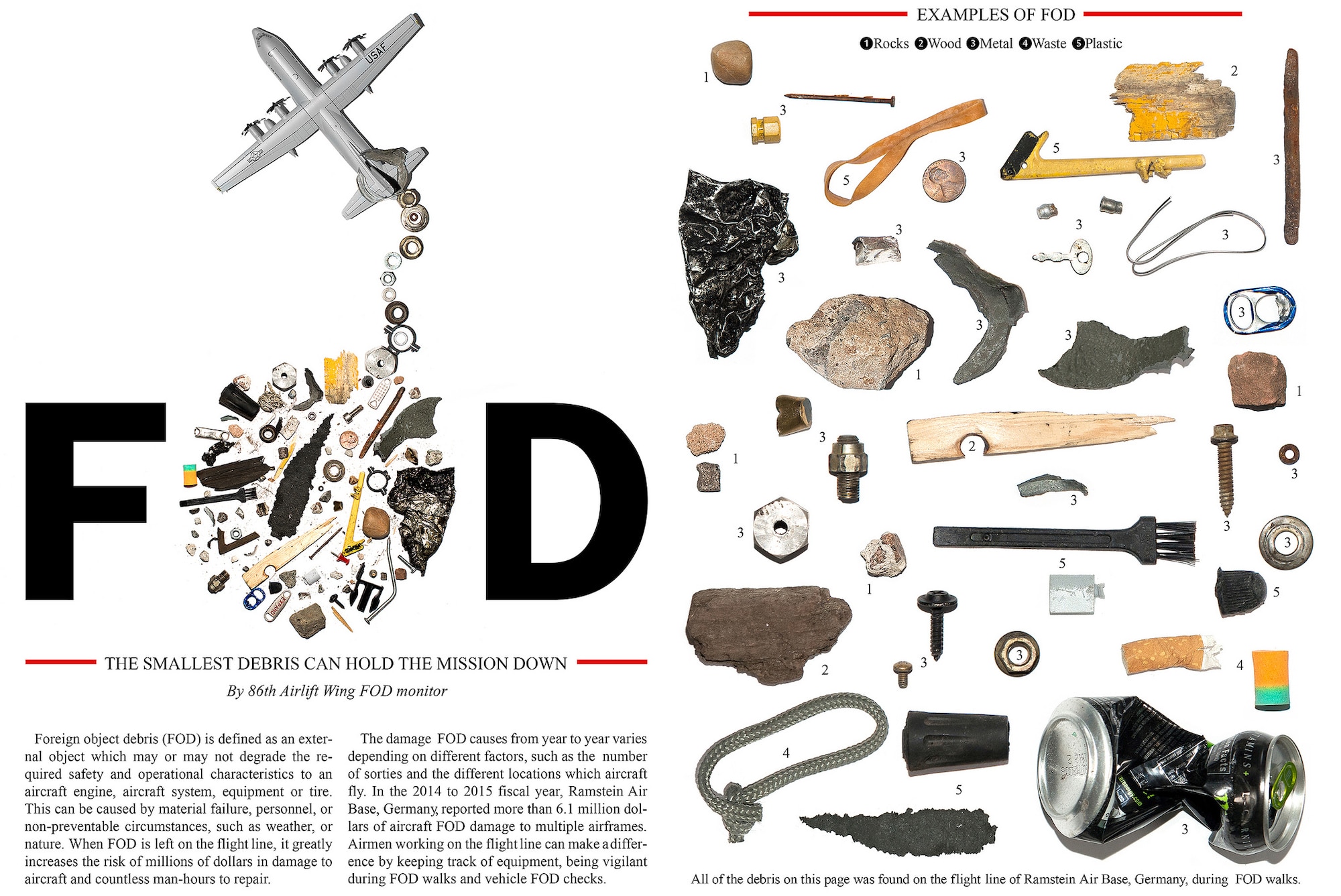 Foreign object debris (FOD) is defined as an external object which may or may not degrade the required safety and operational characteristics to an aircraft engine, aircraft system, equipment or tire. (U.S. Air Force graphic/Senior Airman Damon Kasberg)