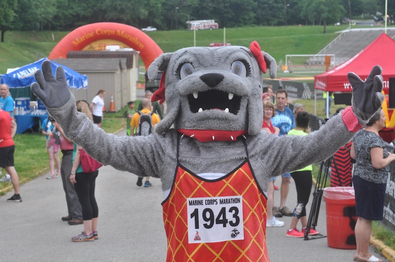 Mascot Molly greets participants during Run Amuck.