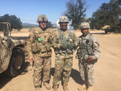 Command Sergeant Major Levi G. Maynard (center) stands with Lt. Col. Troy A. Postin (left) and 1st Sgt. Michael M. Figueroa Jr. (right) of the 398th Combat Sustainment Support Battalion during WAREX 91-16-02 at Fort Hunter-Liggett, Cali. Approximately 80 units from across the U.S. Army Reserve, Army National Guard and active Army are participating in the 84th Training Command's second Warrior Exercise this year, WAREX 91-16-02, hosted by the 91st Training Division at Fort Hunter-Liggett, Cali.