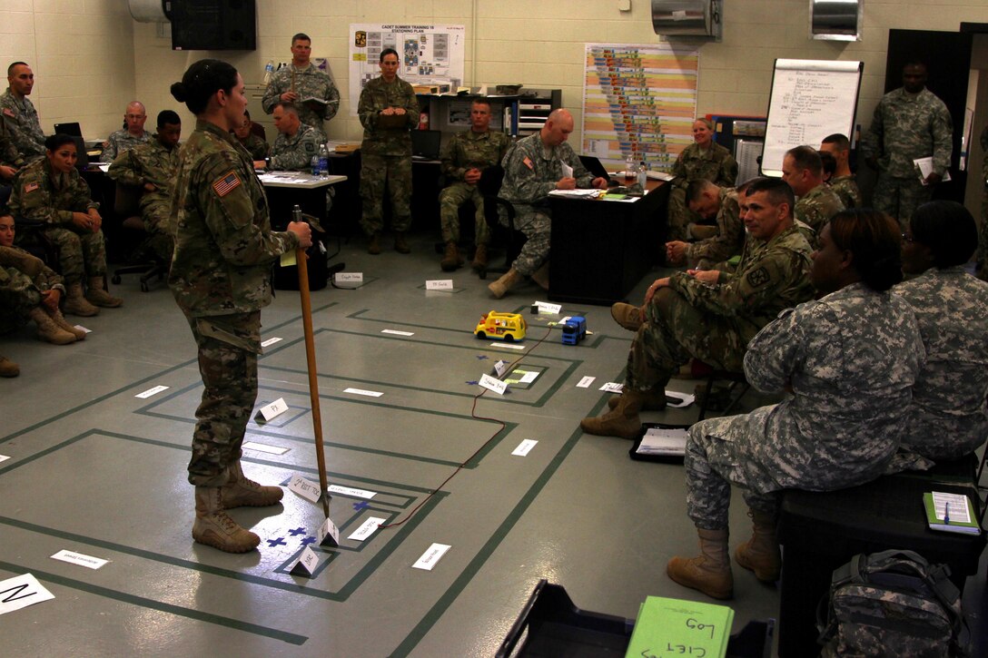 Reserve drill sergeants attached to the U.S. Army Cadet Command present plans to leadership using a sand table at the U.S. Army Cadet Command, Ft Knox, Ky. Drill sergeants of the second regiment will greet new cadets starting Cadet Initial Entry Training June 9. (U.S. Army photo by Sgt. Karen Sampson/ Released.)