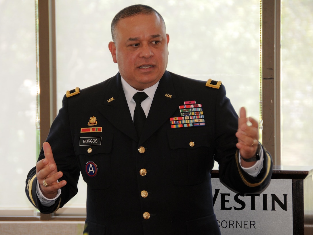 Brig. Gen. Jose Burgos, deputy commanding general of the Army Reserve’s 99th Regional Support Command, speaks with nearly two-dozen Army Reserve Soldiers and their families during a congressional roundtable discussion hosted by the U.S. Senate and House Military Family Caucuses during a Yellow Ribbon event June 10 at the Westin Tysons Corner Hotel in Falls Church, Va. The U.S. Senate and House Military Family Caucuses consist of senators and congressmen/women who want to work together for issues and policies that impact military families.