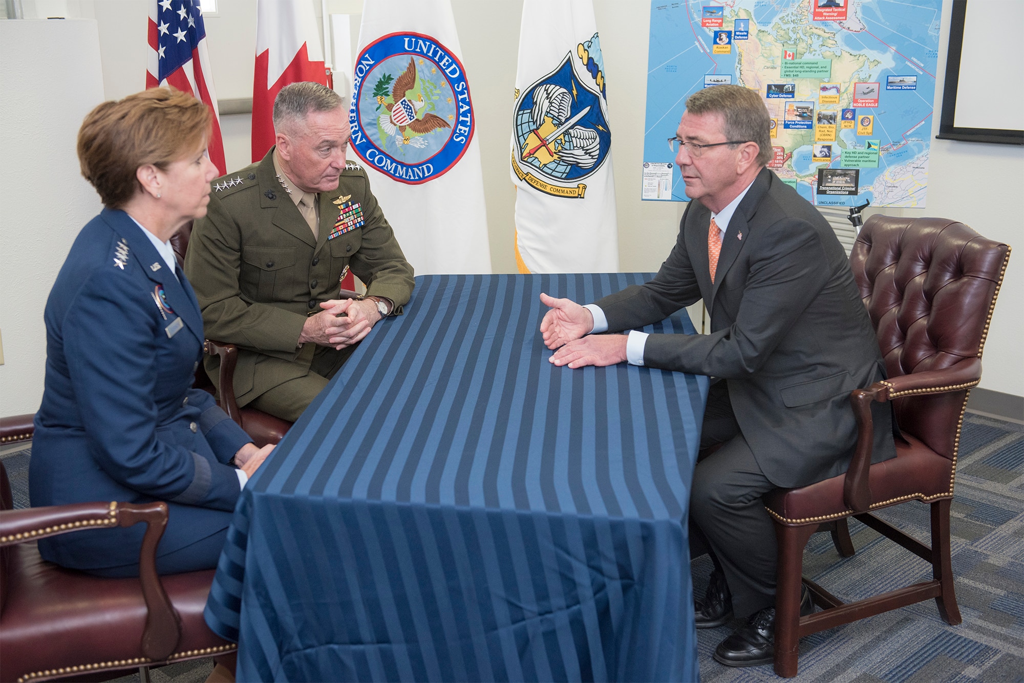 Marine Corps Gen. Joe Dunford, chairman of the Joint Chiefs of Staff, and Air Force Gen. Lori J. Robinson, commander of U.S. Northern Command and North American Aerospace Defense Command, speak with Defense Secretary Ash Carter at Peterson Air Force Base, Colo., May 13, 2016. Robinson provided remarks at the United State of Women Summit in Washington, D.C., June 14, 2016. DoD photo by Navy Petty Officer 2nd Class Dominique A. Pineiro