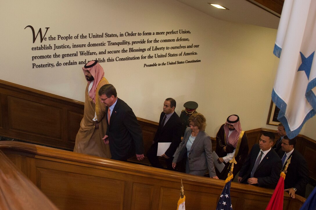 Defense Secretary Ash Carter walks with Deputy Crown Prince Mohammed bin Salman, Saudi Arabia’s defense minister, inside the Pentagon, June 16, 2016. DoD photo by Air Force Senior Master Sgt. Adrian Cadiz