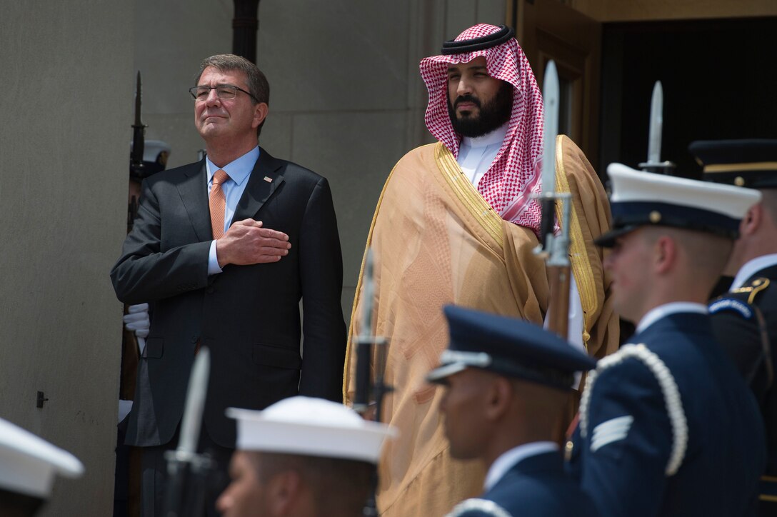 Defense Secretary Ash Carter holds his hand over his heart during an enhanced honor cordon to welcome Deputy Crown Prince Mohammed bin Salman, Saudi Arabia’s defense minister, to the Pentagon, June 16, 2016. DoD photo by Air Force Senior Master Sgt. Adrian Cadiz
