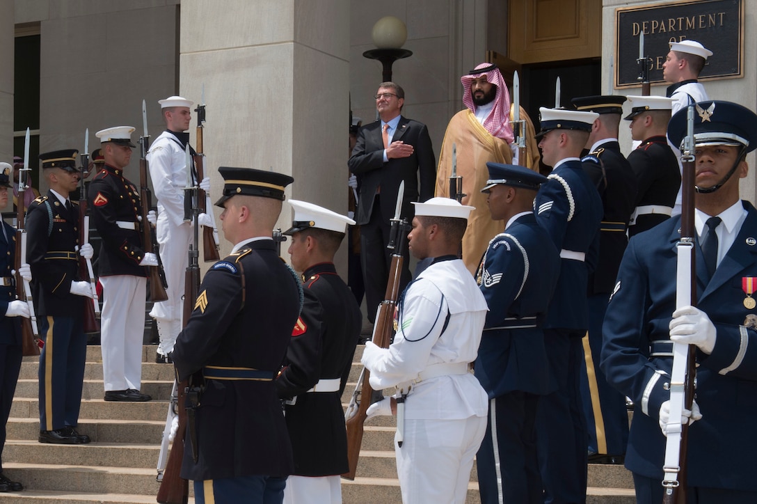 Defense Secretary Ash Carter hosts an enhanced honor cordon to welcome Deputy Crown Prince Mohammed bin Salman, Saudi Arabia’s defense minister, to the Pentagon, June 16, 2016. DoD photo by Air Force Senior Master Sgt. Adrian Cadiz