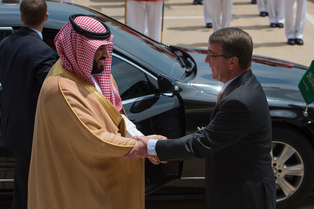 Defense Secretary Ash Carter welcomes Deputy Crown Prince Mohammed bin Salman, Saudi Arabia’s defense minister, to the Pentagon, June 16, 2016. The two leaders met to discuss issues of mutual concern. DoD photo by Air Force Senior Master Sgt. Adrian Cadiz