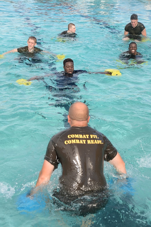 Marine Corps Junior Reserve Officers Training Corps cadets from Plaquemine High School, Plaquemine, La., participate in an Aquatics Maximum Power Intense Training course in Marine Corps Logistics Base Albany’s pool, June 9.