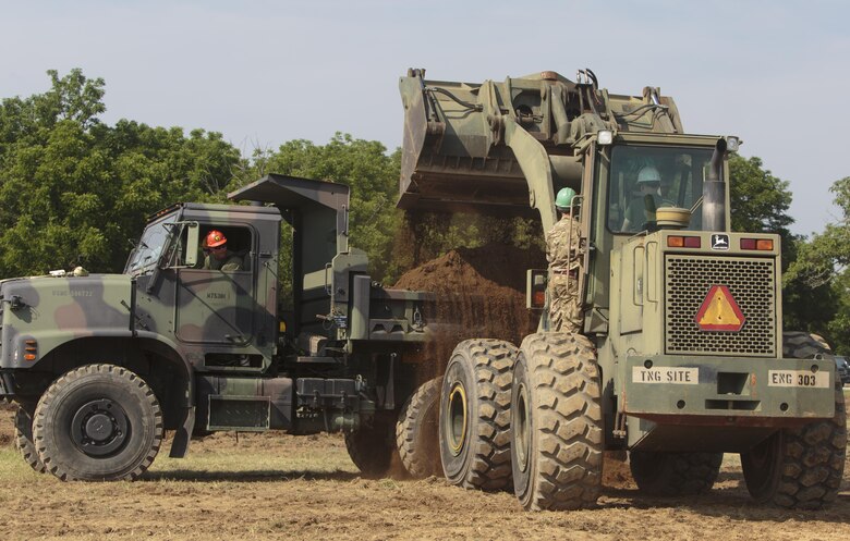 Marines with Company C, 6th Engineer Support Battalion, 4th Marine Logistics Group, Marine Forces Reserve, clear dirt from a parking lot construction site with help of commandos with 131 Commando Squadron Royal Engineers, British army, during exercise Red Dagger at Fort Indiantown Gap, Penn., June 11, 2016. As part of the exercise, the Marines and British commandos worked on various renovation and construction projects around the Army base. Exercise Red Dagger is a bilateral training exercise that gives Marines an opportunity to exchange tactics, techniques and procedures as well as build working relationships with their British counterparts. (U.S. Marine Corps photo by Sgt. Ian Leones/Released)