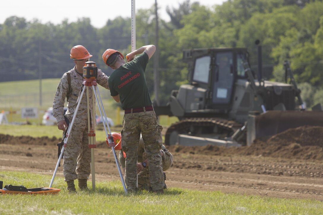Sgt. Caleb M. Krieg (left), a squad leader with Company C, 6th Engineer Support Battalion, 4th Marine Logistics Group, Marine Forces Reserve, assists commandos with 131 Commando Squadron Royal Engineers, British army, as they survey a parking lot construction site during exercise Red Dagger at Fort Indiantown Gap, Penn., June 11, 2016. As part of the exercise, the Marines and British commandos worked on various renovation and construction projects around the Army base. Exercise Red Dagger is a bilateral training exercise that gives Marines an opportunity to exchange tactics, techniques and procedures as well as build working relationships with their British counterparts. (U.S. Marine Corps photo by Sgt. Ian Leones/Released)