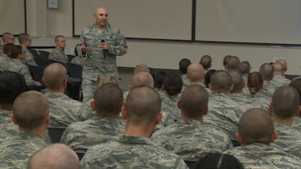 Master Sgt. Raul Hernandez Jr., 326th Training Squadron acting superintendent, speaks to Airmen about the expectations for Airmen's Week at the Pfingston Reception Center at Joint Base San Antonio-Lackland. Air Education and Training Command recognized him as the 2015 military training instructor of the year. 
