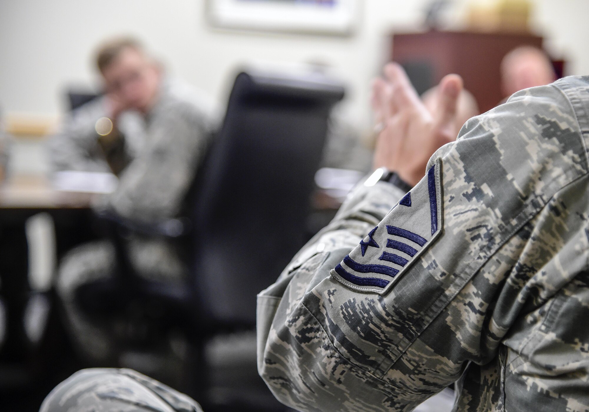 Master Sgt. Jessie Thomas, Air Reserve Personnel Center first sergeant, discusses how first sergeants handle unique situations involving Airmen during a mentoring session June 15, 2016, at Buckley Air Force Base, Colo. The cadets toured Buckley’s units and missions, while engaging with leaders of all ranks in order to gain a better understanding of an operational air force base. (U.S. Air Force photo by Tech. Sgt. Nicholas Rau)
