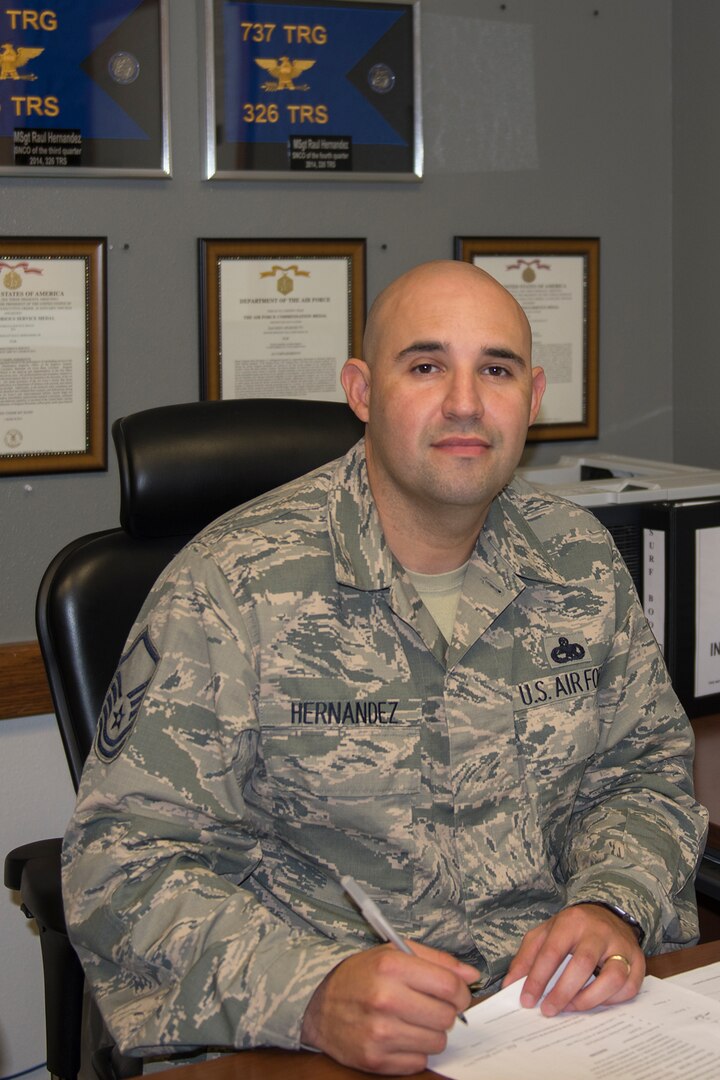 Master Sgt. Raul Hernandez Jr., 326th Training Squadron acting
superintendent, poses for a photo June 13 at Joint Base San
Antonio-Lackland. Air Education and Training Command recognized him as the
2015 military training instructor of the year. 
