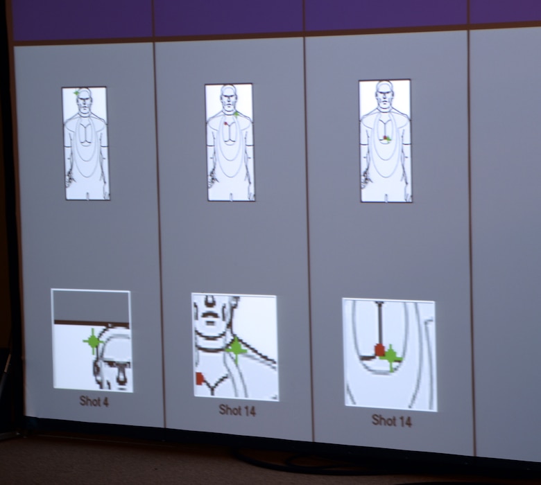 A screen shot of the Indoor Simulated Marksmanship Trainer shows the shooters’ shot placement during familiarization training, recently. 