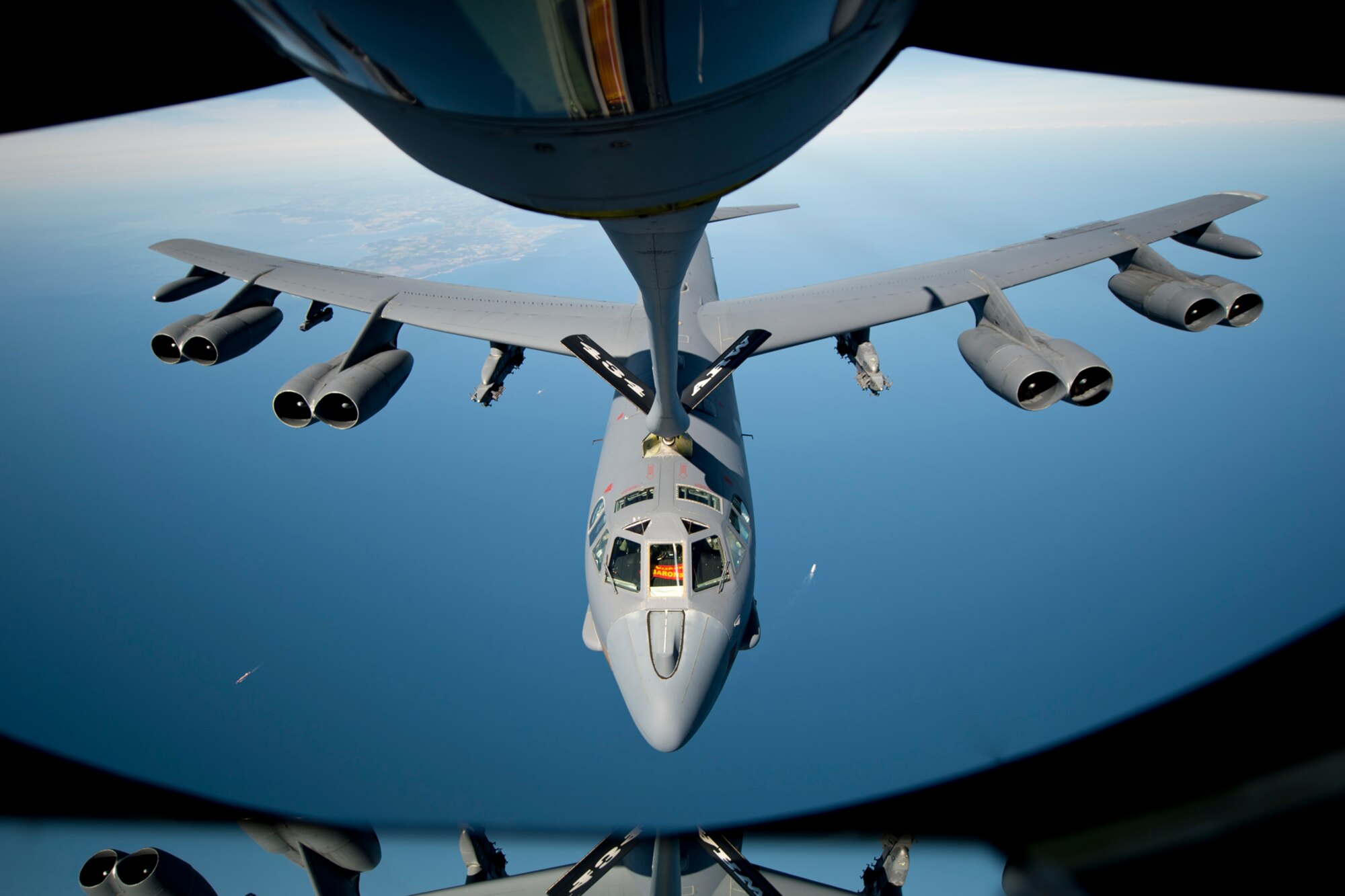 A B-52 Stratofortress from Minot Air Force Base, N.D., is refueled by a KC-135 Stratotanker from the 434th Air Refueling Wing, Grissom Air Reserve Base, Ind., during Baltic Operations 2016 over the Baltic Sea, June 9, 2016. The KC-135s flew 30 sorties; 95 flying hours off-loading 953 pounds of JP8 fuel to U.S. jets and Polish F-16s, totaling 93 receivers, 27 of which were Polish. (U.S. Air Force photo/Senior Airman Erin Babis)