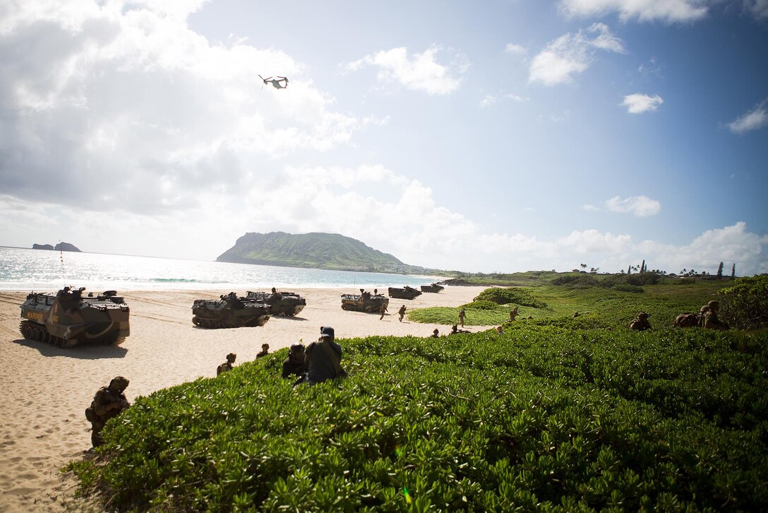 MARINE CORPS BASE HAWAII (July 29, 2014) Amphibious assault vehicles come ashore as part of the final amphibious assault of Rim of the Pacific (RIMPAC) Exercise 2014 at Pyramid Rock Beach. Twenty-two nations, 49 ships and six submarines, more than 200 aircraft and 25,000 personnel are participating in RIMPAC from June 26 to Aug. 1 in and around the Hawaiian Islands and Southern California. The world's largest international maritime exercise, RIMPAC provides a unique training opportunity that helps participants foster and sustain the cooperative relationships that are critical to ensuring the safety of sea lanes and security on the world's oceans. RIMPAC 2014 is the 24th exercise in the series that began in 1971.