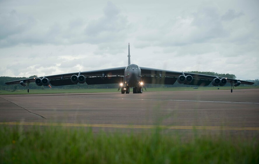 A B-52H Stratofortress from Minot Air Force Base, N.D., taxis to a parking spot at RAF Fairford, United Kingdom, after its first Saber Strike 16 mission June 13, 2016. Saber Strike 16 serves as an effective proving ground for participating units to validate their ability to assemble rapid-reaction forces and deploy them throughout Eastern Europe on short notice. The exercise trains participants on command and control as well as interoperability with regional allies and partners. (U.S. Air Force photo/Senior Airman Sahara L. Fales)