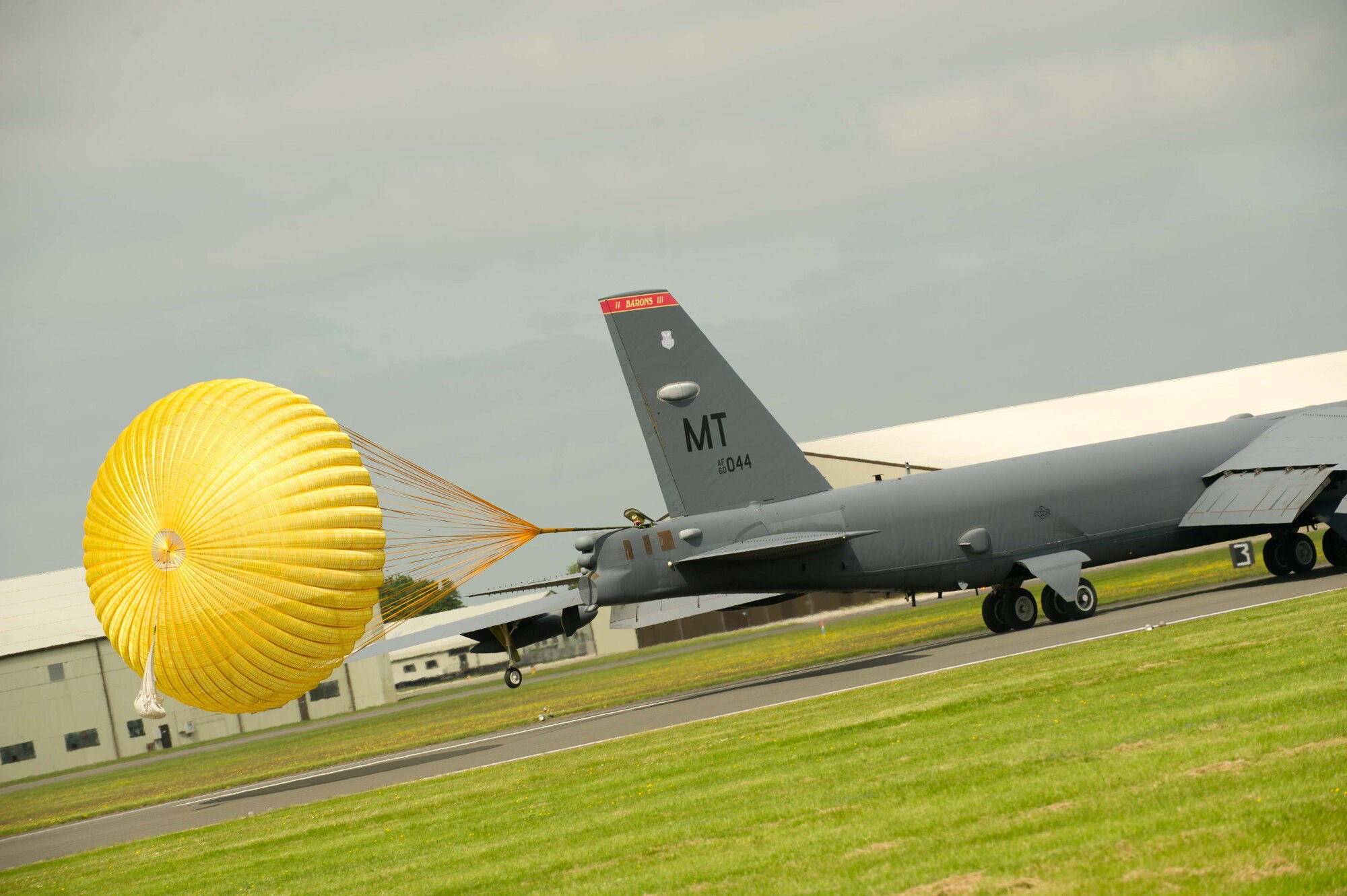 A B-52H Stratofortress from Minot Air Force Base, N.D., taxis down the runway at Royal Air Force Fairford, United Kingdom, in support of exercises Saber Strike 16 and BALTOPS 16, June 2, 2016. The B-52 is capable of delivering both nuclear, as well as conventional payloads and can carry up to approximately 70,000 lbs. of munitions. These include gravity bombs, cluster bombs, precision guided missiles and joint direct attack munitions.  (U.S. Air Force photo/Senior Airman Sahara L. Fales)