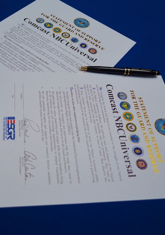 Copies of the Employer Support of the Guard and Reserve Statement of Support are readied for signing by representatives from ESGR and the Comcast Corp. in Philadelphia, June 14, 2016. The Statement of Support Program is the cornerstone of ESGR’s effort to gain and maintain support for the Guard and reserve military. (U.S. Air National Guard photo by Tech. Sgt. Andria Allmond)
