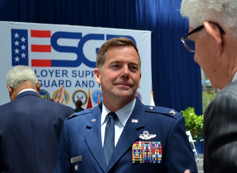 A 111th Attack Wing member talks to the Chief of Employer Outreach Headquarters for Employer Support of the Guard and Reserve Tom Bullock before the ESGR Statement of Support signing by the Comcast Corp. in Philadelphia, June 14, 2016. ESGR is a Department of Defense program established in 1972 to promote cooperation and understanding between Guard and reserve military members and their civilian employers. (U.S. Air National Guard photo by Tech. Sgt. Andria Allmond)