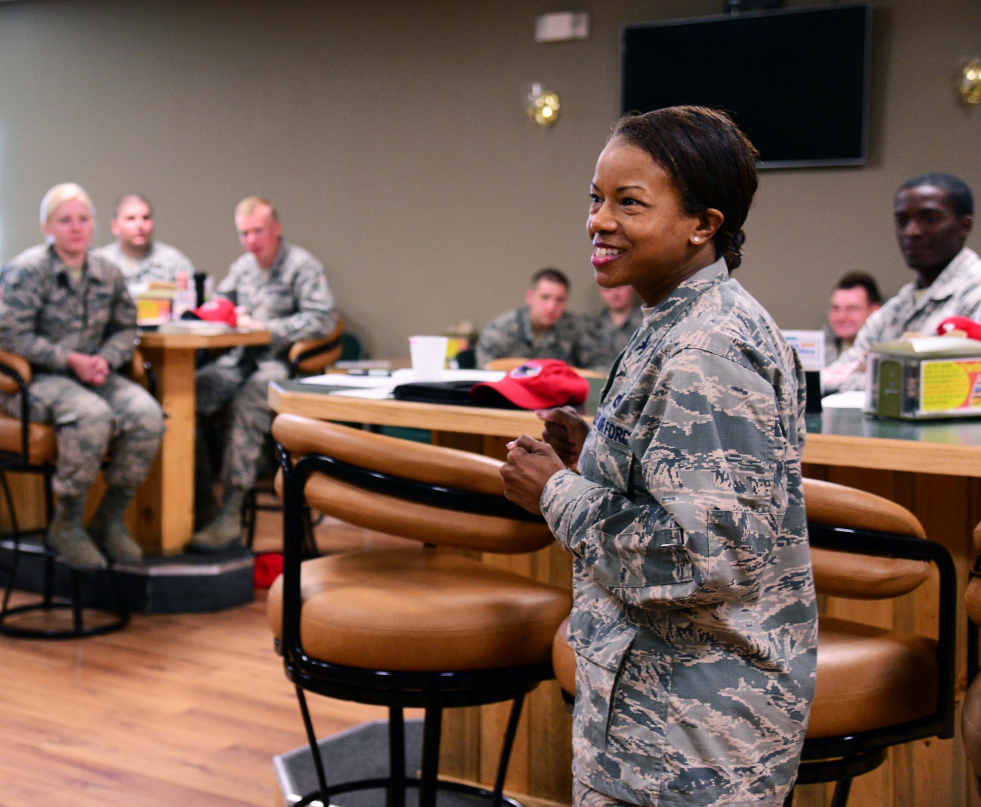 Col. Yvonne Spencer, 819th RED HORSE Squadron commander, speaks to Airmen at a Diversity Lean In Circle seminar at the Ace’s High Bowling Center June 16, 2016, at Malmstrom Air Force Base, Mont. The seminar focused on professional development and supporting diversity within the force. (U.S. Air Force photo/Airman 1st Class Magen M. Reeves)