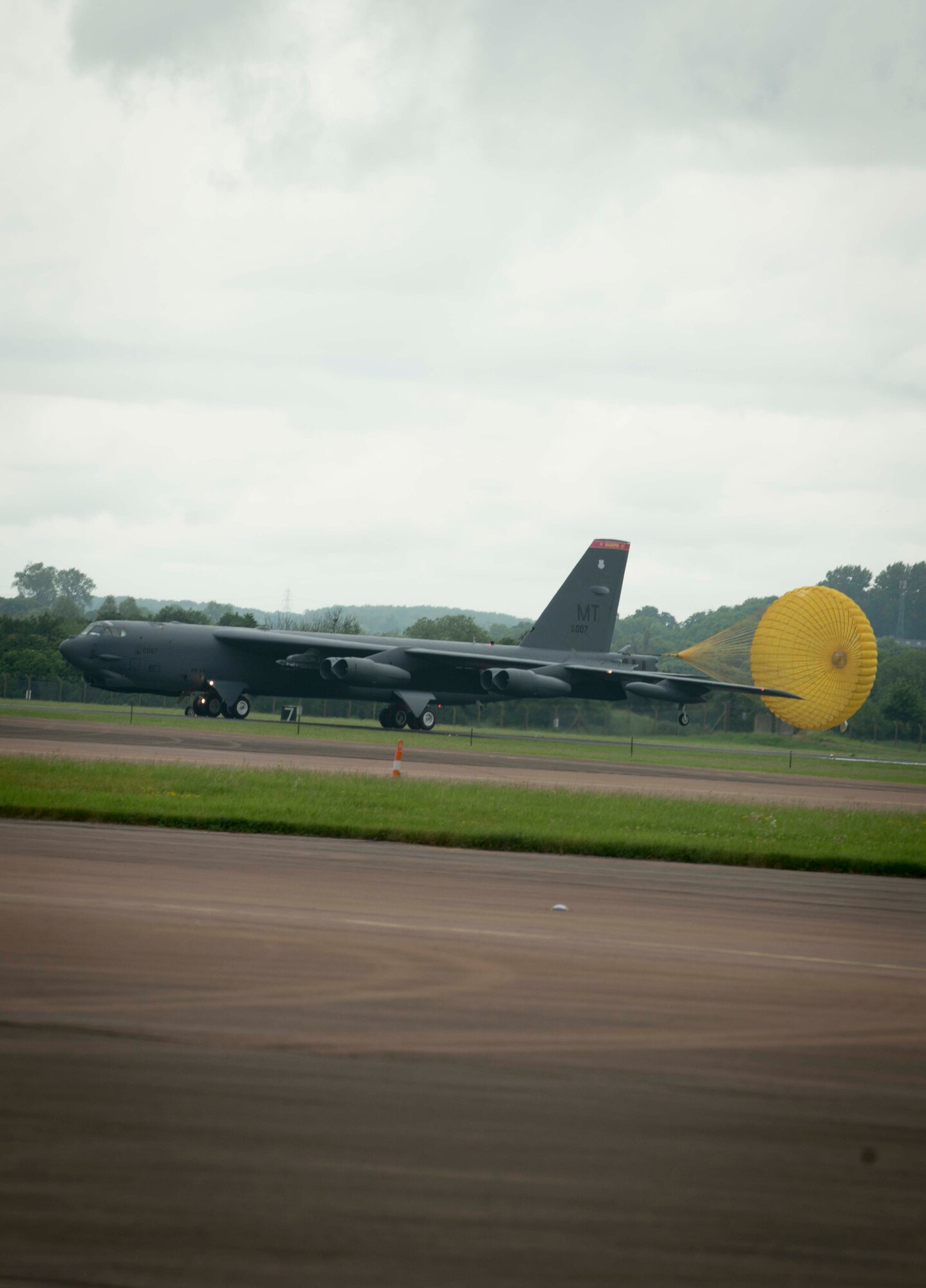 A B-52H Stratofortress from Minot Air Force Base, N.D., lands at RAF Fairford, United Kingdom, after its first Saber Strike 16 mission June 13, 2016. Saber Strike is a long-standing training exercise, which is conducted annually since 2010. This year’s exercise will focus on promoting interoperability with allies and regional partners and improving joint operational capability in a variety of missions to prepare the participating nations and units for future operations. (U.S. Air Force photo/Senior Airman Sahara L. Fales)