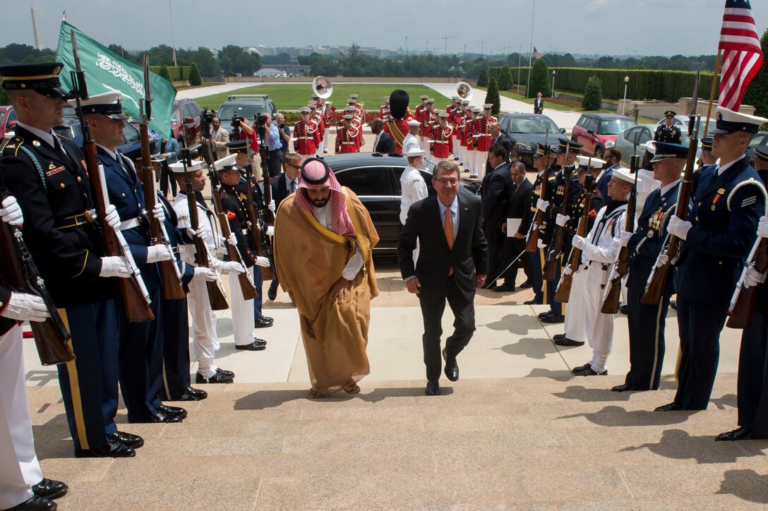 Defense Secretary Ash Carter hosts an enhanced honor cordon to welcome Deputy Crown Prince Mohammed bin Salman, Saudi Arabia’s defense minister, to the Pentagon, June 16, 2016. DoD photo by Air Force Senior Master Sgt. Adrian Cadiz