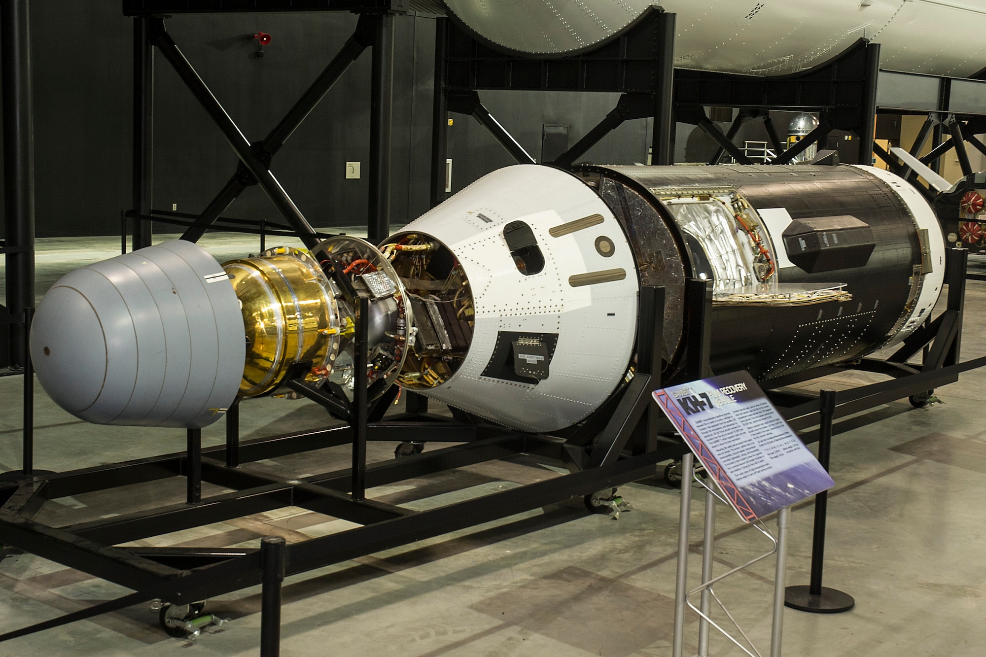 DAYTON, Ohio -- Gambit 1 KH-7 reconnaissance satellite in the Space Gallery at the National Museum of the U.S. Air Force. (U.S. Air Force Photo)