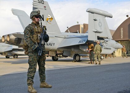 A Marine from Fleet Antiterrorism Security Team Pacific (FASTPAC) stands watch for Electronic Attack Squadron (VAQ) 138 at Kunsan Air Base in the Republic of Korea. VAQ-138 is in Kunsan participating in Max Thunder, an exercise that integrates U.S. and Republic of Korea forces to train for air-to-air and air-to-ground missions to ensure mutual understanding and cooperation between the two nations. (U.S. Navy photo by Mass Communication Specialist 1st Class Frank L. Andrews/Released)