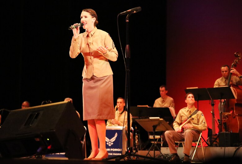 U.S. Air Force Senior Airman Rebecca Allen, vocalist with  the U.S. Air Force Band of the Pacific-Asia Showcase jazz ensemble performs at the Iwakuni Civic Hall in Iwakuni, Japan, June 16, 2016. The band of the Pacific-Asia consists of 24 active-duty professional musicians who showcase their talents throughout the Western-Pacific region in support of military and community relations objectives. Based out of Yokota Air Base, Japan, The Pacific Air Force band was established as the United States Air Force Band of the Pacific at Eglin Field, Florida, in 1941. It is one of 12 U.S. Air Force bands, to include the 15-member detachment group stationed at Joint Base Pearl Harbor-Hickam, Hawaii. Pacific Trends and other protocol groups also perform with the Pacific Air Force band and give an average of 200 performances a year for over 125,000 people. 
Hong Kong, Burma, Guam, Singapore, India, Mongolia, Malaysia, Australia, Thailand, Taiwan, the Philippines, Laos, Korea and Japan are some of the past locations the airmen have performed at for military personnel and foreign communities.
