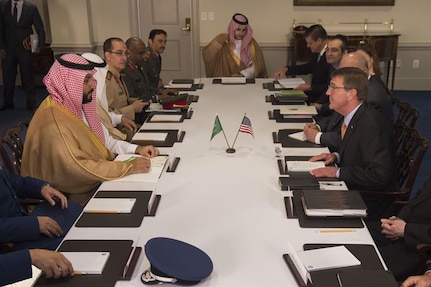 Defense Secretary Ash Carter meets with Deputy Crown Prince and Minister of Defense Mohammed bin Salman of Saudi Arabia at the Pentagon June 16, 2016. The two leaders met to discuss matters of mutual importance. 