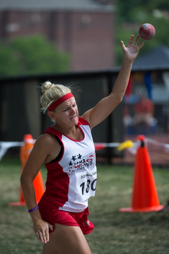 Marine Corps veteran Rose Jessica Hammack throws a shot put during the 2016 Department of Defense Warrior Games at the U.S. Military Academy in West Point, N.Y., June 16, 2016. DoD photo by EJ Hersom