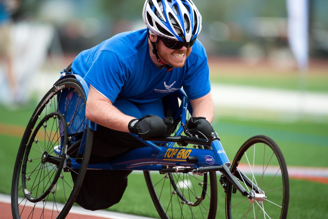 Air Force veteran Cory Sandoval races to the finish in a men’s 800-meter race during the 2016 Department of Defense Warrior Games at the U.S. Military Academy in West Point, N.Y., June 16, 2016. DoD photo by EJ Hersom