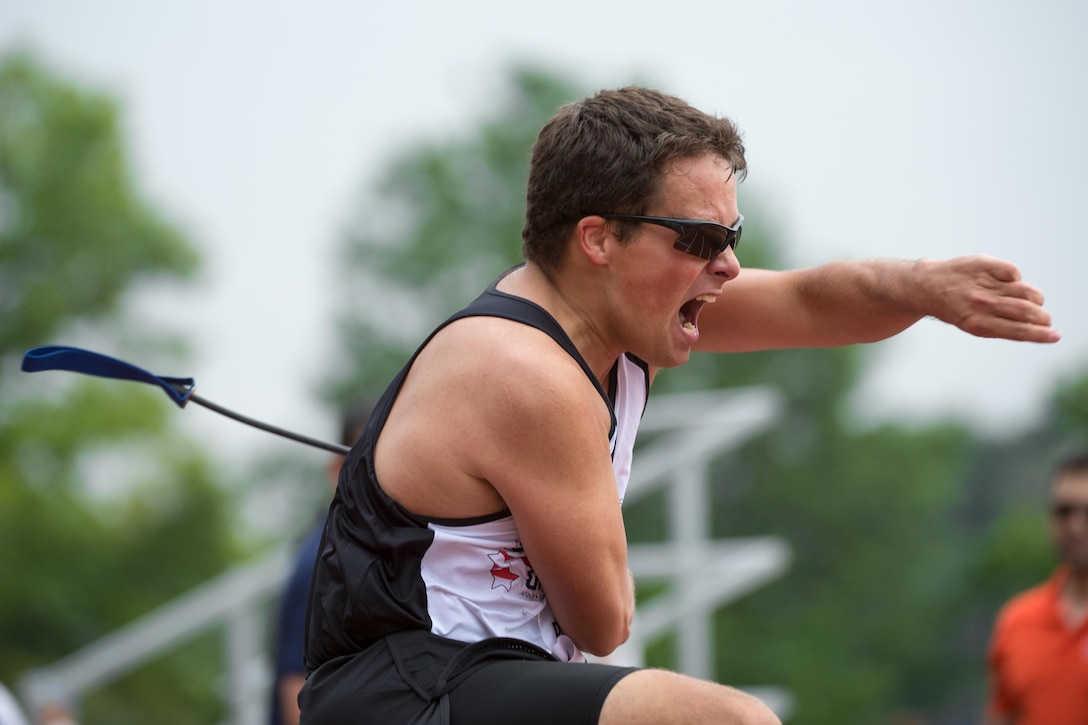 Army veteran Matthew Mueller reacts to winning the men’s 100-meter dash for visually impaired athletes during the 2016 Department of Defense Warrior Games at the U.S. Military Academy in West Point, N.Y., June 16, 2016. DoD photo by EJ Hersom