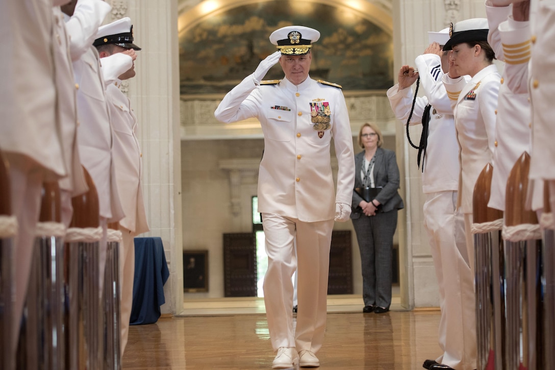 Navy Adm. Mark E. Ferguson passes through sideboys during his retirement ceremony at the U.S. Naval Academy in Annapolis, Md., June 16, 2016. DoD photo by Navy Petty Officer 2nd Class Dominique A. Pineiro
