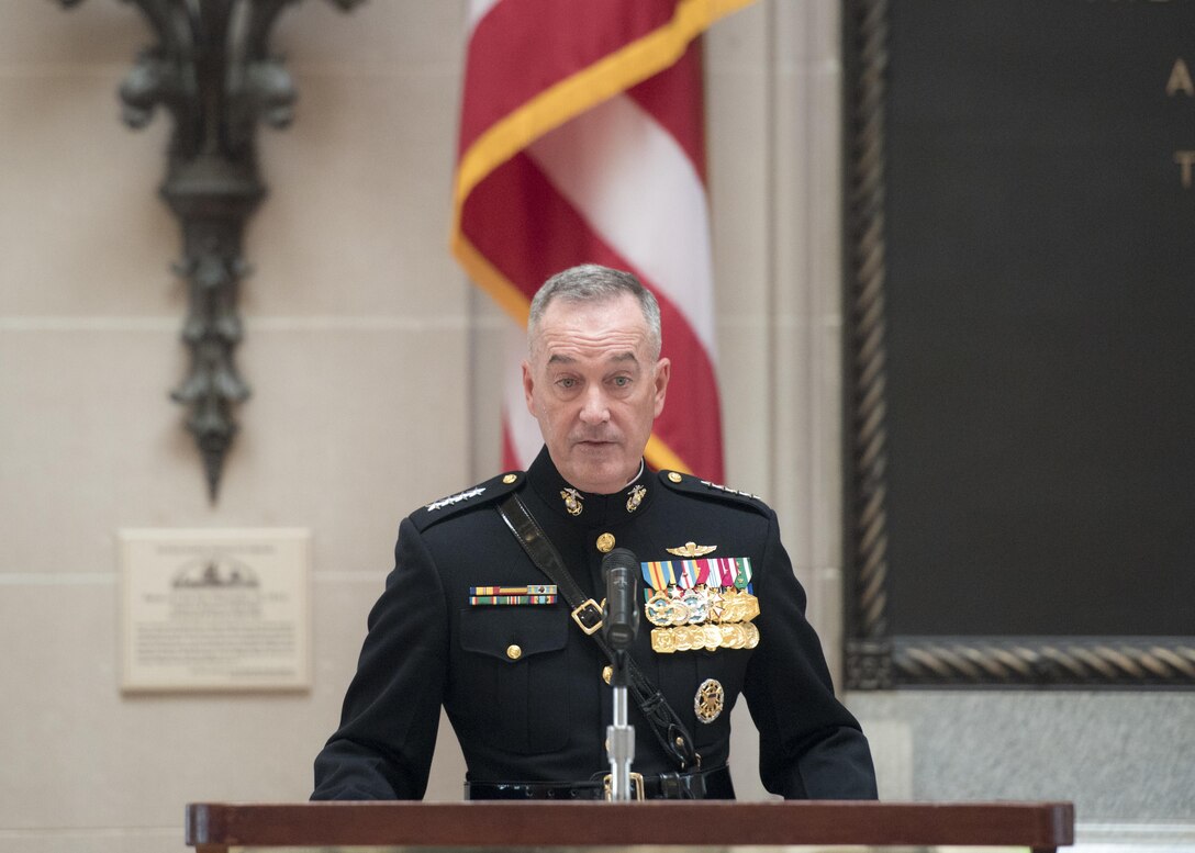 Marine Corps Gen. Joe Dunford, chairman of the Joint Chiefs of Staff, delivers remarks during Navy Adm. Mark E. Ferguson's retirement ceremony at the U.S. Naval Academy in Annapolis, Md., June 16, 2016. DoD photo by Navy Petty Officer 2nd Class Dominique A. Pineiro