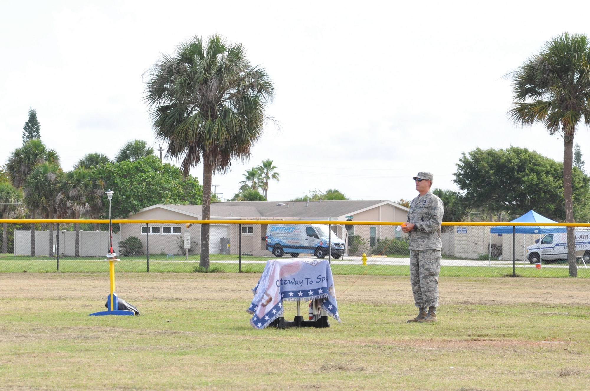 Brig. Gen. Wayne R. Monteith, 45th Space Wing commander, kicks off the 45th Space Wing’s All SySTEMs Go event with a model rocket launch June 11, 2016, at the Youth Center/Shark Center at Patrick Air Force Base, Fla. The event is designed to teach children of all ages about science, technology, engineering and math. (U.S. Air Force Photo/Tech. Sgt. Erin Smith/Released)