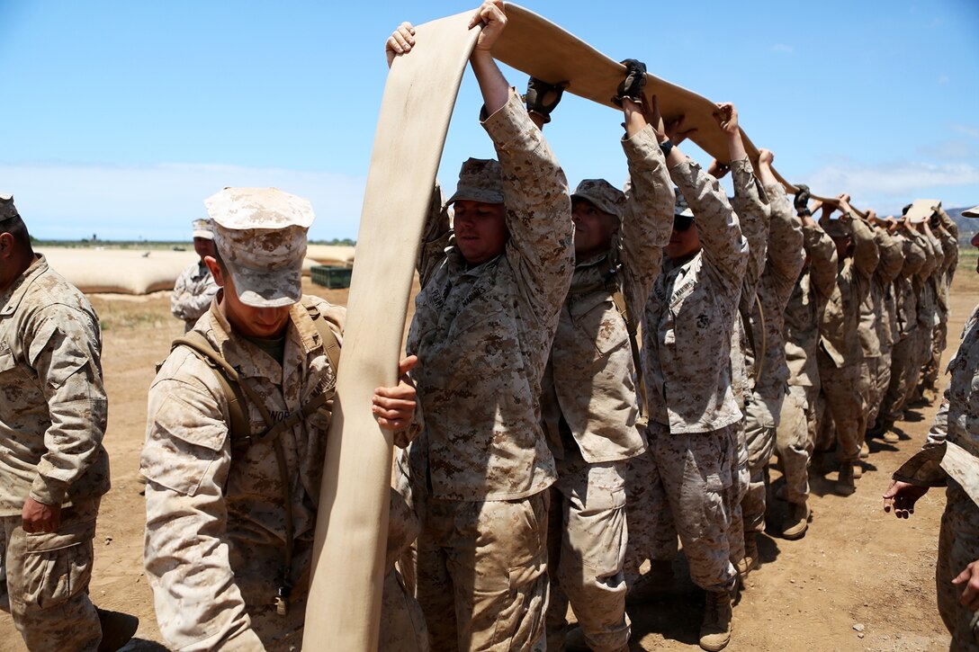 Bulk fuel and water purification Marines from 6th Engineer Support Battalion, 4th Marine Logistics Group, move a long section of hose to a more ideal location during an annual training exercise aboard Camp Pendleton, Calif., June 13, 2016 to increase readiness and fulfill their yearly requirements as a reserve unit. 7th ESB, 1st Marine Logistics Group, supported their reserve counterparts with the gear necessary to pump water nearly 3 miles from the ocean at Red Beach to a training area where they practiced setting up and maintaining massive stores of water. (U.S. Marine Corps photo by Sgt. Carson Gramley/released)