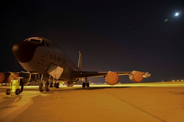 KC-135 Stratotanker sits on the flightline at McConnell Air Force Base, Kan., June 16, 2016. The KC-135 is the backbone of aerial refueling, and McConnell is the U.S. Air Force's premiere air refueling base with more Stratotankers than any other base. (U.S. Air Force photos/Airman 1st Class Christopher Thornbury)
