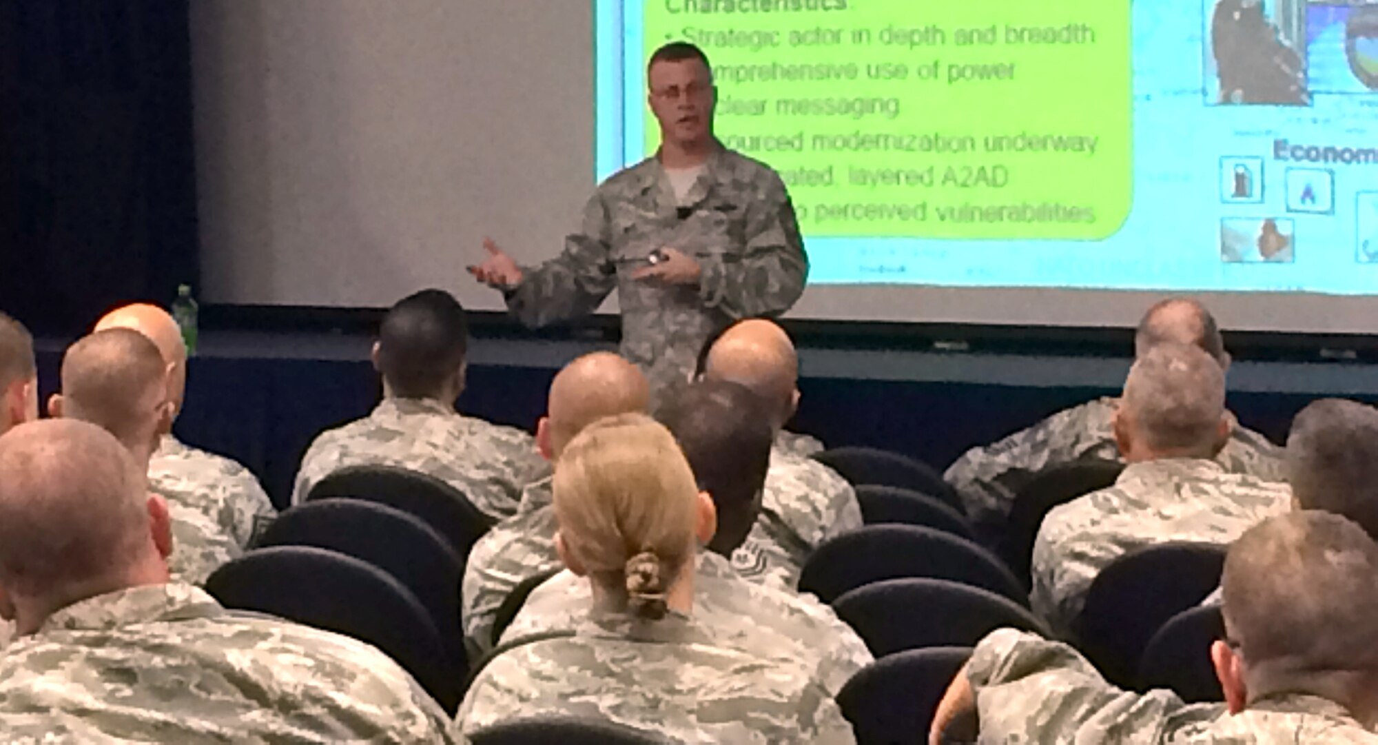 Chief Master Sgt. Gregory Smith, new command chief of Air Force Special Operations Command, briefs attendees June 14 at the Chief Leadership Course at Maxwell-Gunter Air Force Base, Ala. (U.S. Air Force photo/Master Sgt. Kristin Schott)