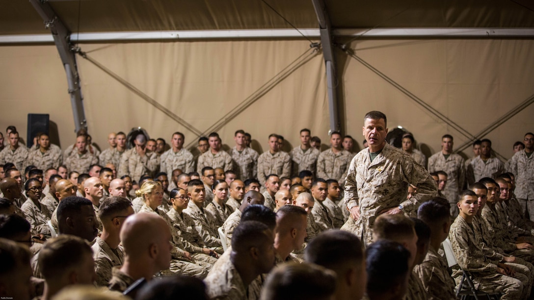 U.S. Marine Corps Lt. Gen. William Beydler, Marine Corps Forces Central Command Commander, speaks to Marines with Special Purpose Marine Air Ground Task Force - Crisis Response - Central Command 16.2 during a town hall at an undisclosed location in Southwest Asia, May 22, 2016. SPMAGTF-CR-CC is a self-sustaining expeditionary unit, designed to provide a broad range of crisis response capabilities.