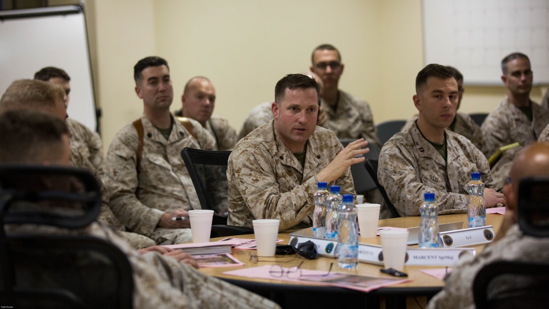 U.S. Marine Corps Lt. Col. Scott Shuster, Special Purpose Marine Air Ground Task Force - Crisis Response - Central Command 16.2 Executive Officer, briefs senior leaders from Marine Corps Forces Central Command at an undisclosed location in Southwest Asia, May 22, 2016. SPMAGTF-CR-CC is a self-sustaining expeditionary unit, designed to provide a broad range of crisis response capabilities. 