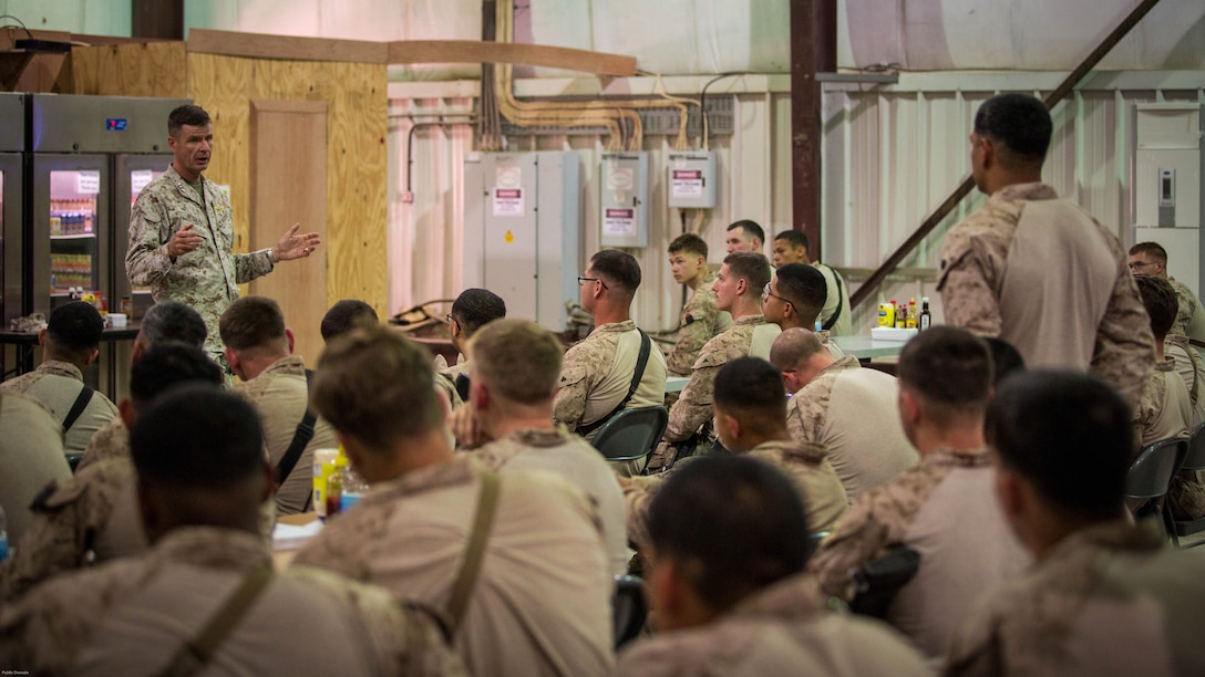 U.S. Marine Corps Lt. Gen. William Beydler, Marine Corps Forces Central Command Commander, takes questions from Marines with Special Purpose Marine Air Ground Task Force - Crisis Response - Central Command 16.2 at Al Asad Air Base, Iraq, May 23, 2016. SPMAGTF-CR-CC is deployed with a crisis response mission spanning 20 nations of U.S. Central Command. 