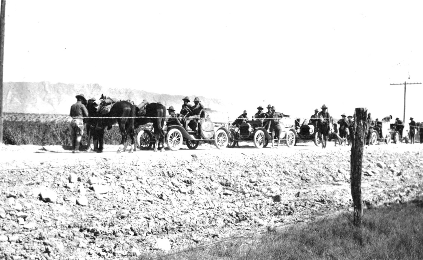 Kentucky National Guardsmen on patrol on horseback and by automobile along a roadway outside El Paso, Texas, circa 1916. June 18, 2016, is the 100th anniversary of the “Great Mobilization” order of the National Guard to the U.S.-Mexico Border. 