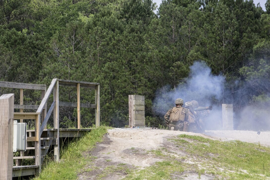 Marines with Mobile Assault Company, 2nd Combat Engineer Battalion fire a shoulder-mounted multipurpose assault weapon during a live-fire range at Camp Lejeune, N.C., June 16, 2016. Marines expended practice rounds, high-explosive rounds and anti-armor rounds throughout the range. (U.S. Marine Corps photo by Cpl. Paul S. Martinez/Released)