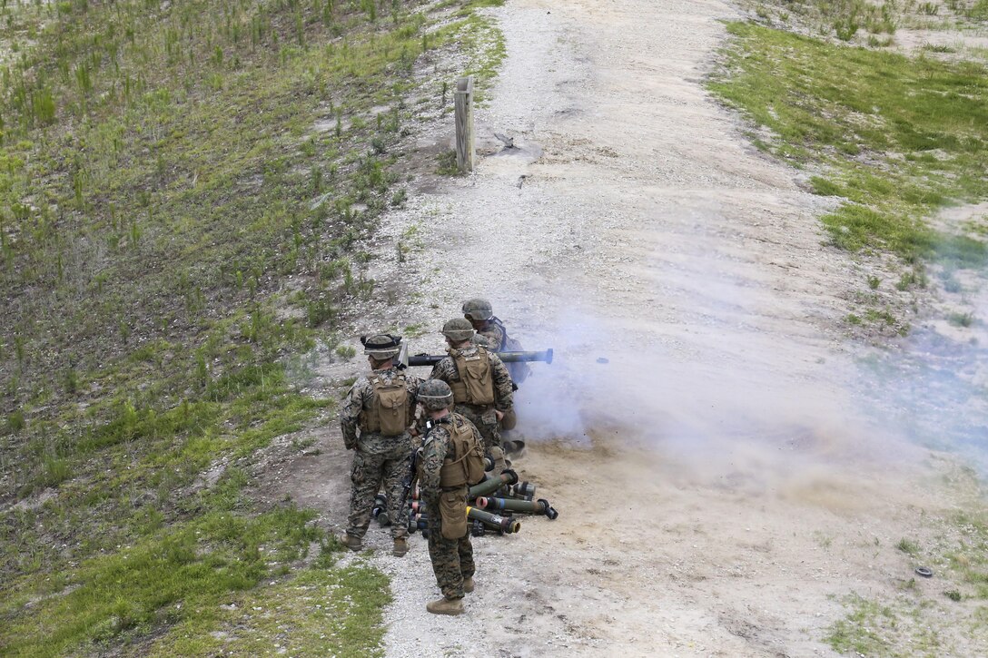 Marines with Mobile Assault Company, 2nd Combat Engineer Battalion fire a shoulder-mounted multipurpose assault weapon during a live-fire range at Camp Lejeune, N.C., June 16, 2016. Marines expended practice rounds, high-explosive rounds and anti-armor rounds throughout the range. (U.S. Marine Corps photo by Cpl. Paul S. Martinez/Released)