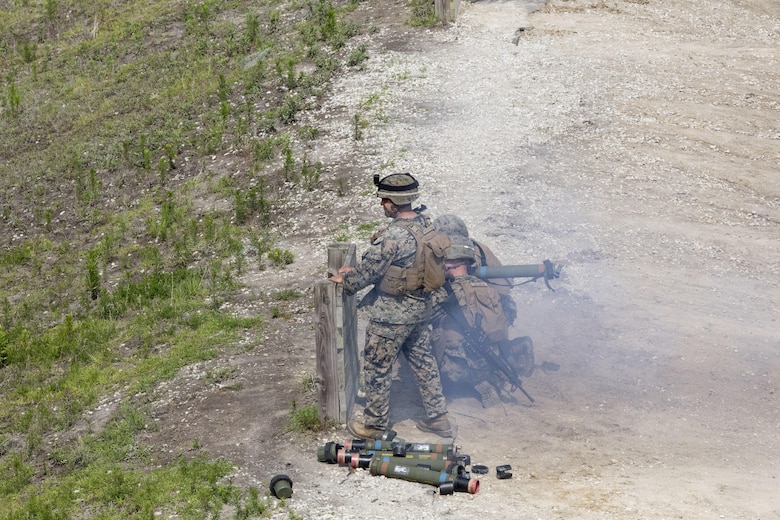Marines with Mobile Assault Company, 2nd Combat Engineer Battalion, fire a shoulder-mounted multipurpose assault weapon during a live-fire range at Camp Lejeune, N.C., June 16, 2016. The training was conducted in preparation for the battalion’s Deployment For Training in August. (U.S. Marine Corps photo by Cpl. Paul S. Martinez/Released)