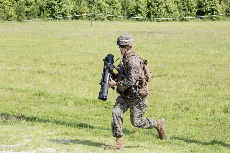 A Marine with Mobile Assault Company, 2nd Combat Engineer Battalion advances up range with a shoulder-mounted multipurpose assault weapon during a live-fire range at Camp Lejeune, N.C., June 16, 2016. The training was conducted in preparation for the battalion’s Deployment For Training in August. (U.S. Marine Corps photo by Cpl. Paul S. Martinez/Released)