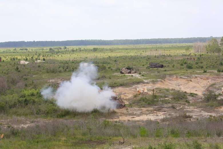 A rocket fired by Marines with Mobile Assault Company, 2nd Combat Engineer Battalion makes impact during a shoulder-mounted multipurpose assault weapon live-fire range at Camp Lejeune, N.C., June 16, 2016. The training was conducted in preparation for the battalion’s Deployment For Training in August. (U.S. Marine Corps photo by Cpl. Paul S. Martinez/Released)